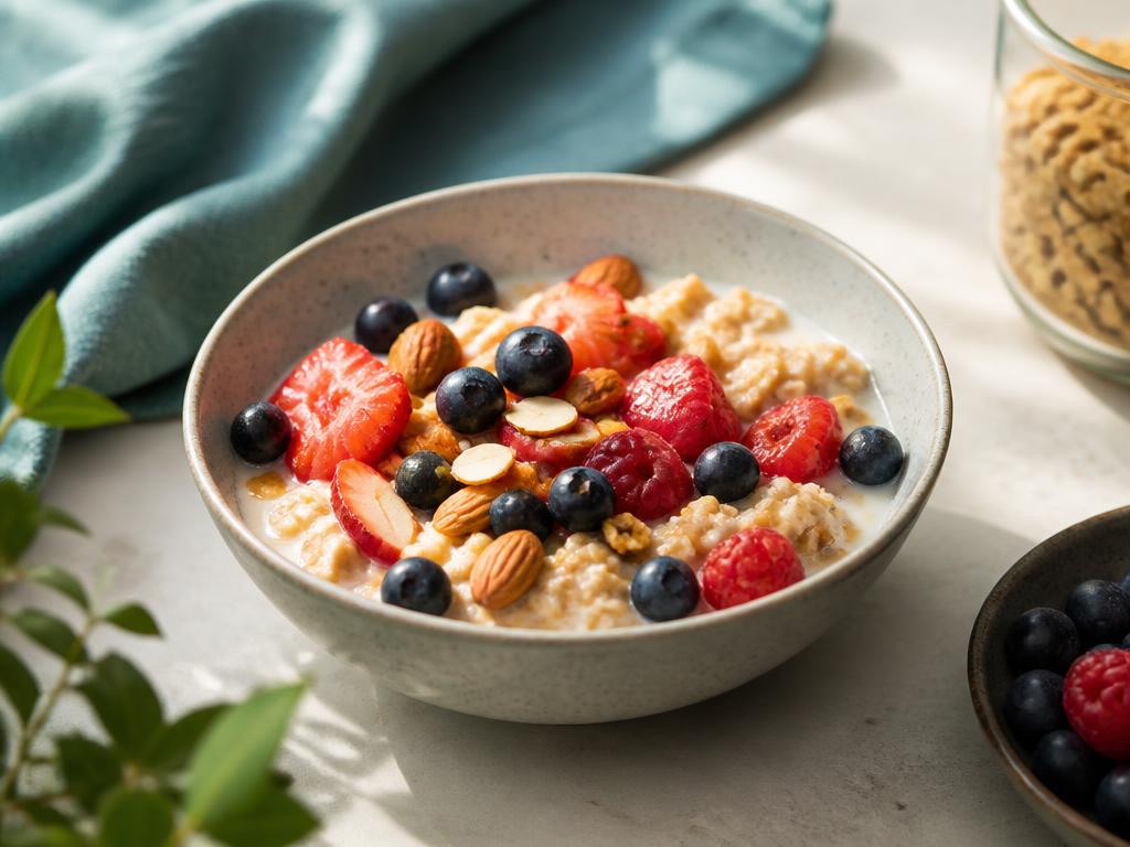 A breakfast bowl of oats and berries in morning sunlight