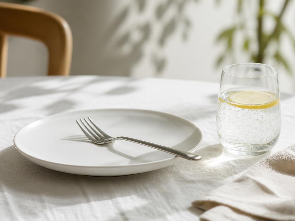 A clean white plate and a glass of sparkling water with lemon