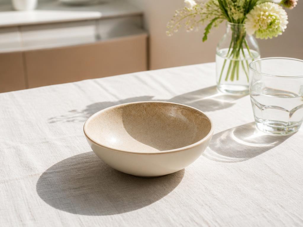 An empty ceramic snack bowl on a linen table