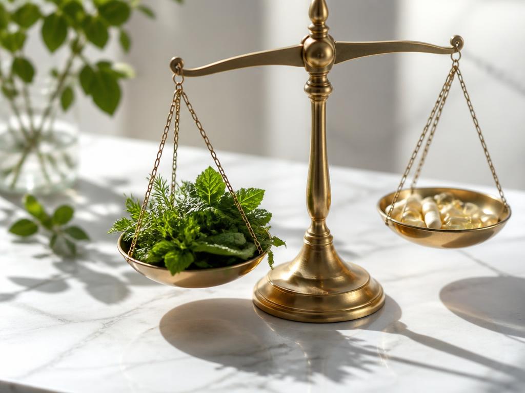 A brass balance scale with fresh greens on a sunlit counter