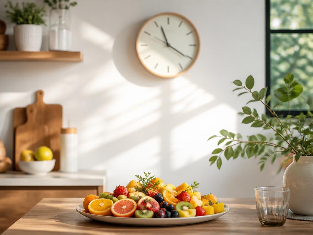 A clock beside a small plate of fruit