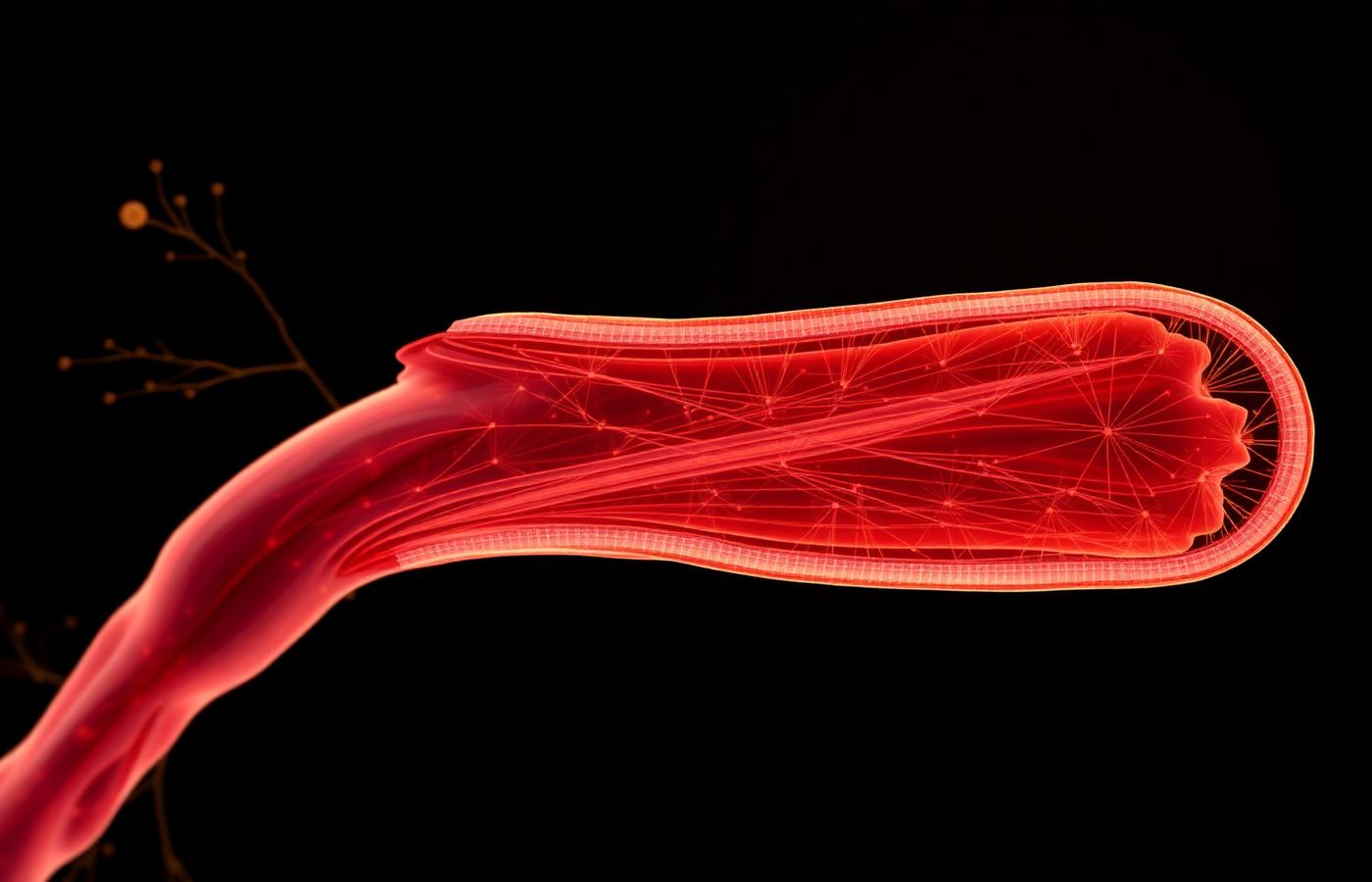Abstract close-up rendering of skeletal muscle fibers in amber and burgundy tones