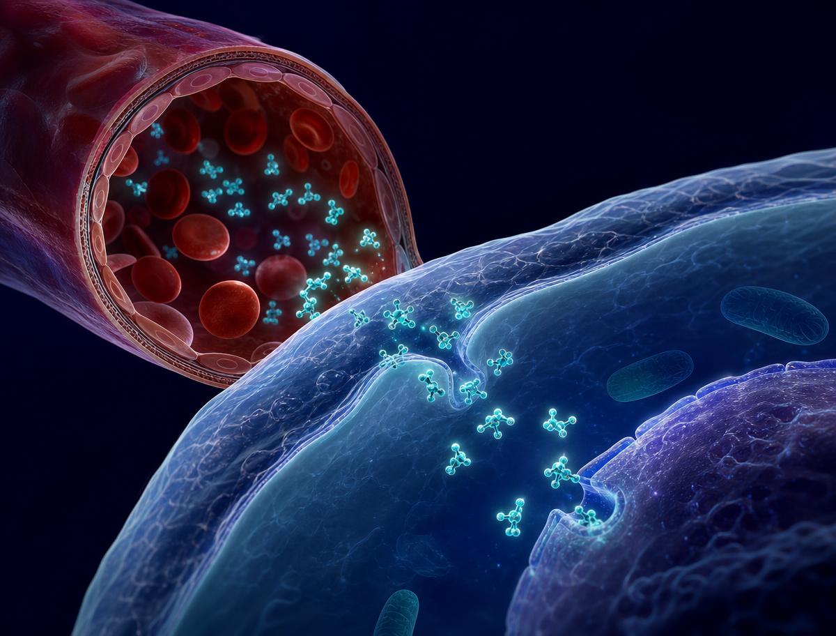 Illustration of glucose moving from a blood vessel into a muscle cell