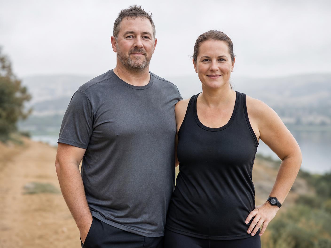 A man and a woman in workout clothes standing together outdoors after a walk