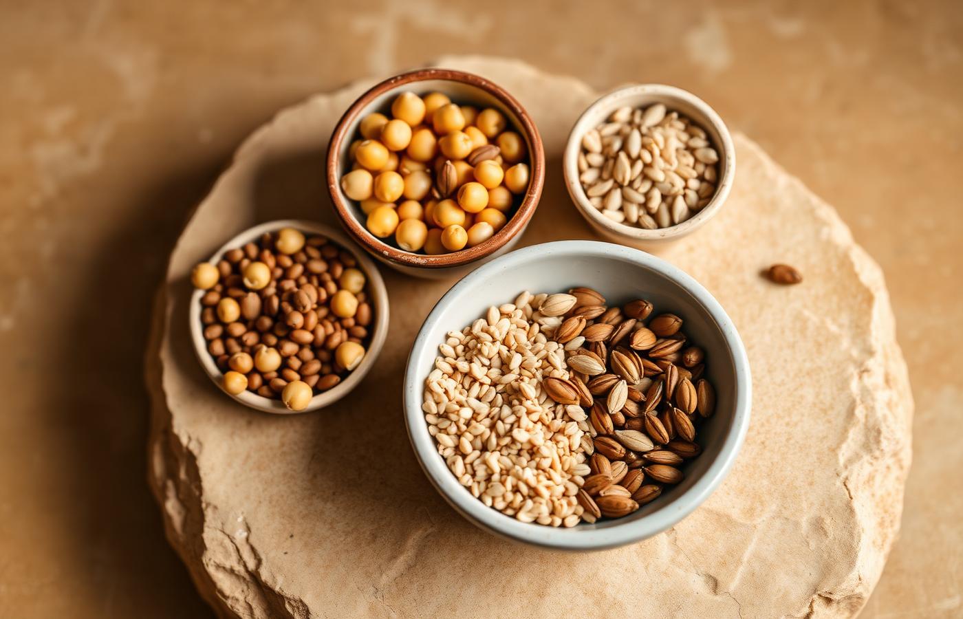 Peas, brown rice, pumpkin seeds and sunflower seeds arranged on a light surface