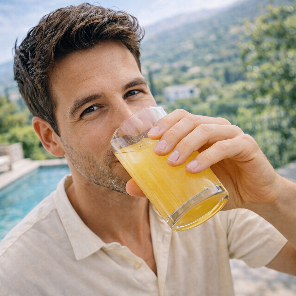 Man enjoying NOVOS Core orange drink by the pool