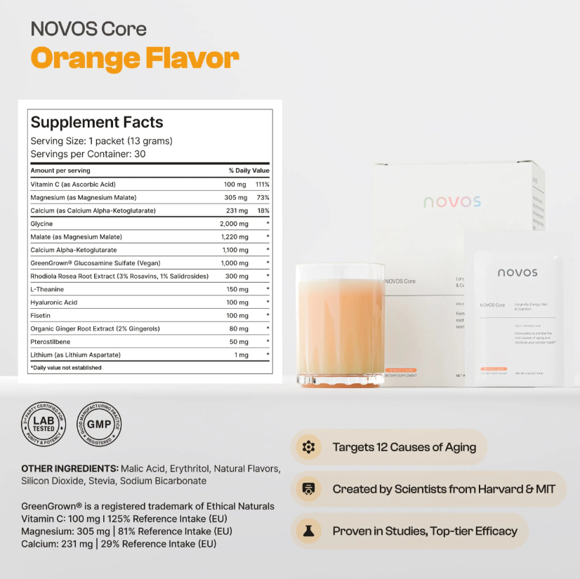 NOVOS Core Orange Flavor supplement facts and certifications