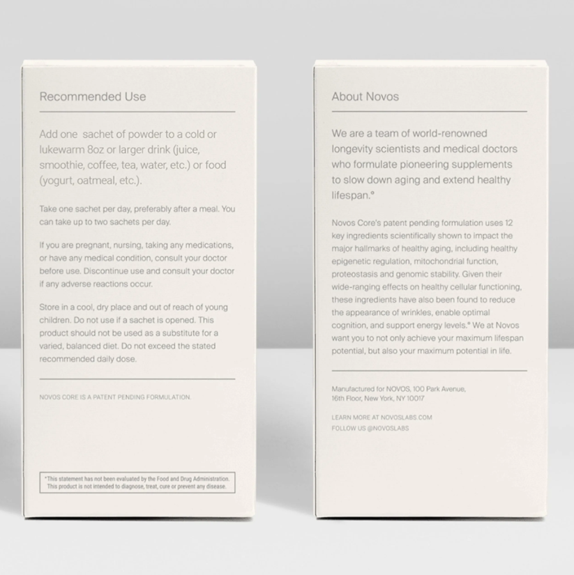 NOVOS Core packaging — recommended use and about