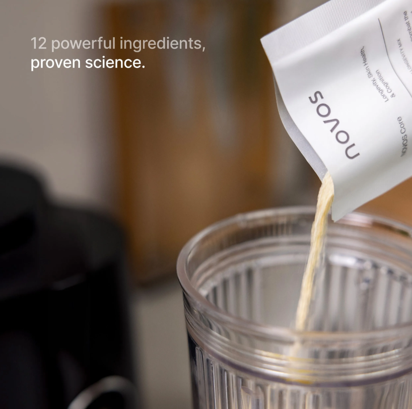 12 powerful ingredients, proven science — pouring sachet into glass