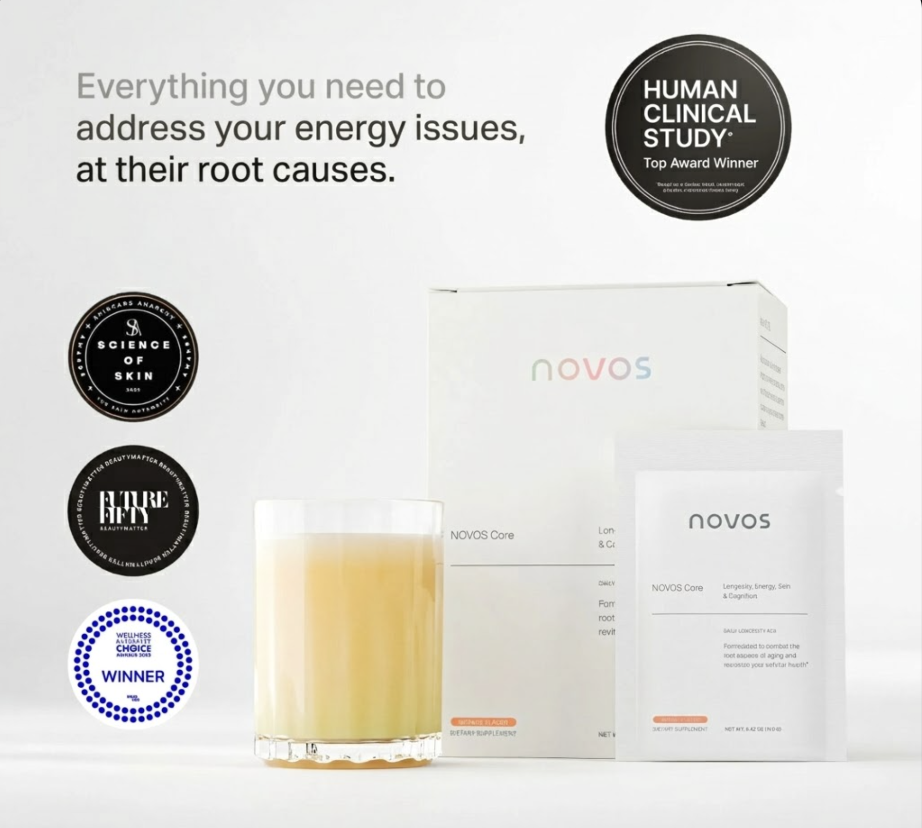NOVOS Core product packaging with awards and clinical study badge