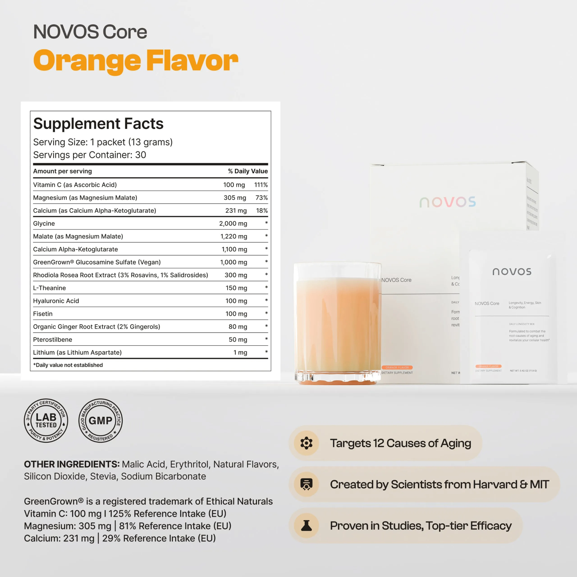 NOVOS Core supplement facts and orange flavor