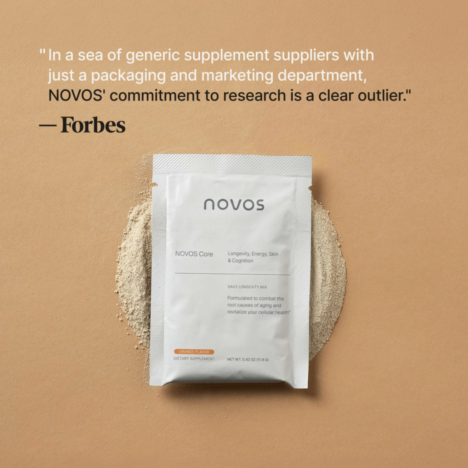 NOVOS Core sachet with Forbes quote about research commitment