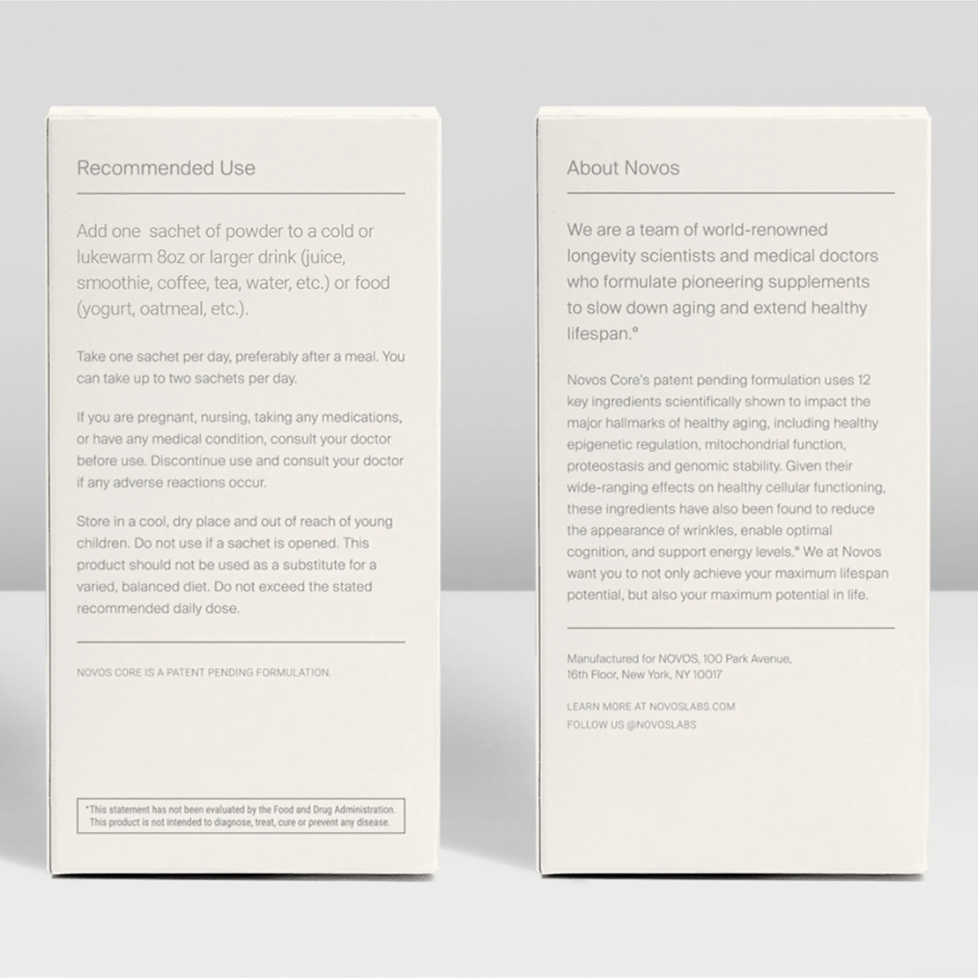 NOVOS Core packaging — recommended use and about NOVOS