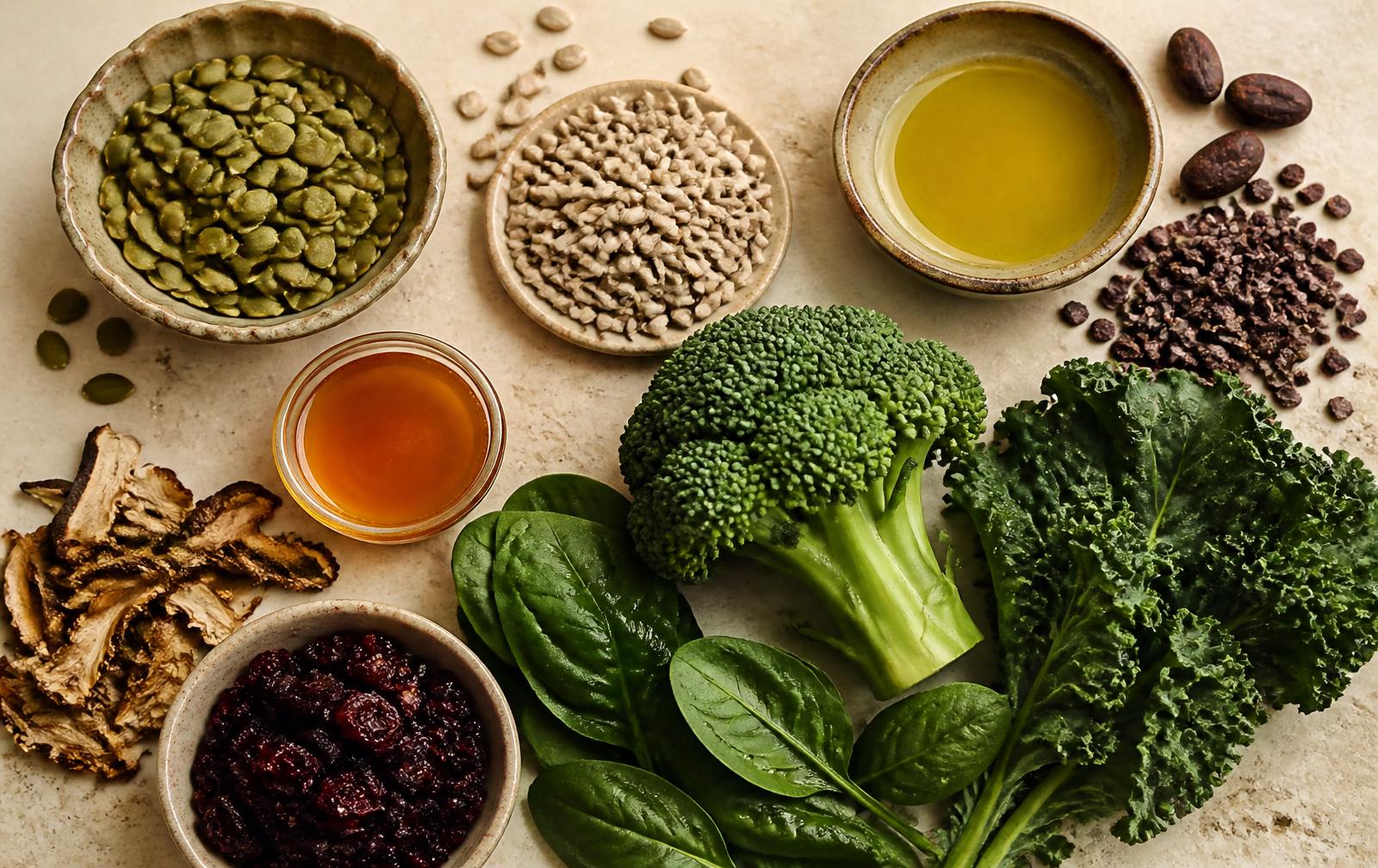 Overhead still life of seeds, cocoa, honey, greens and whole foods on a dark surface
