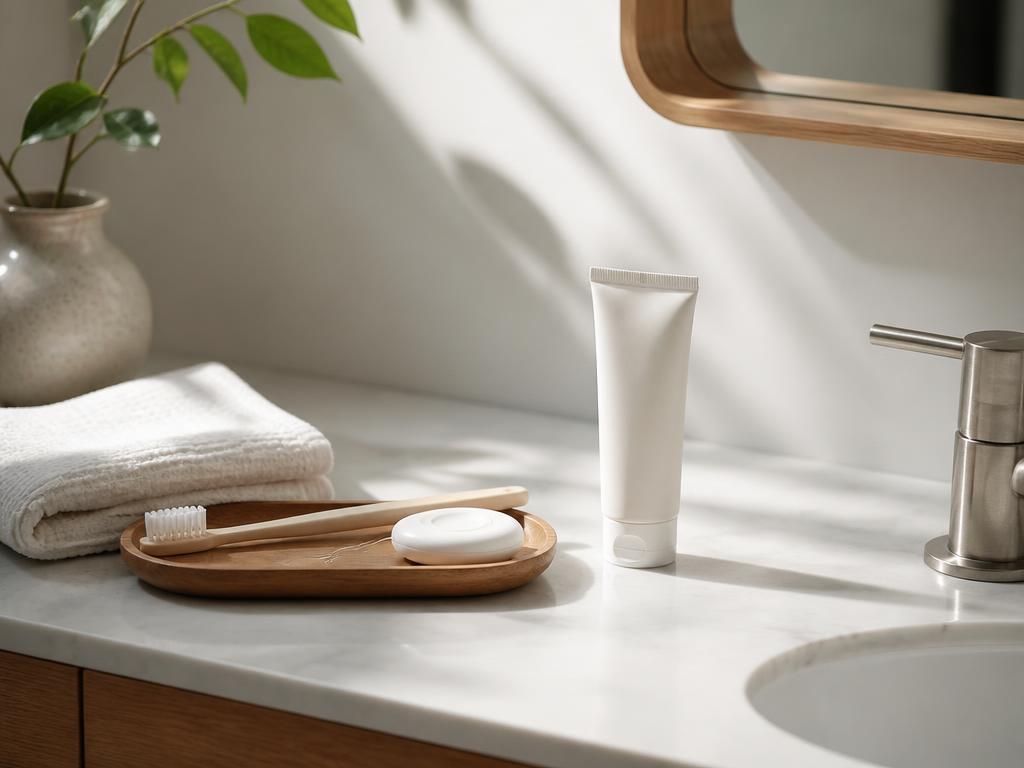 Toothbrush, floss and sunscreen on a stone bathroom counter