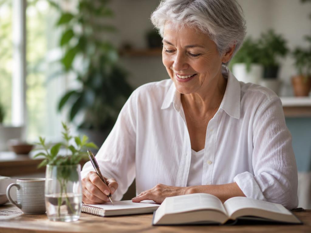 Older adult reading and writing at a sunlit desk