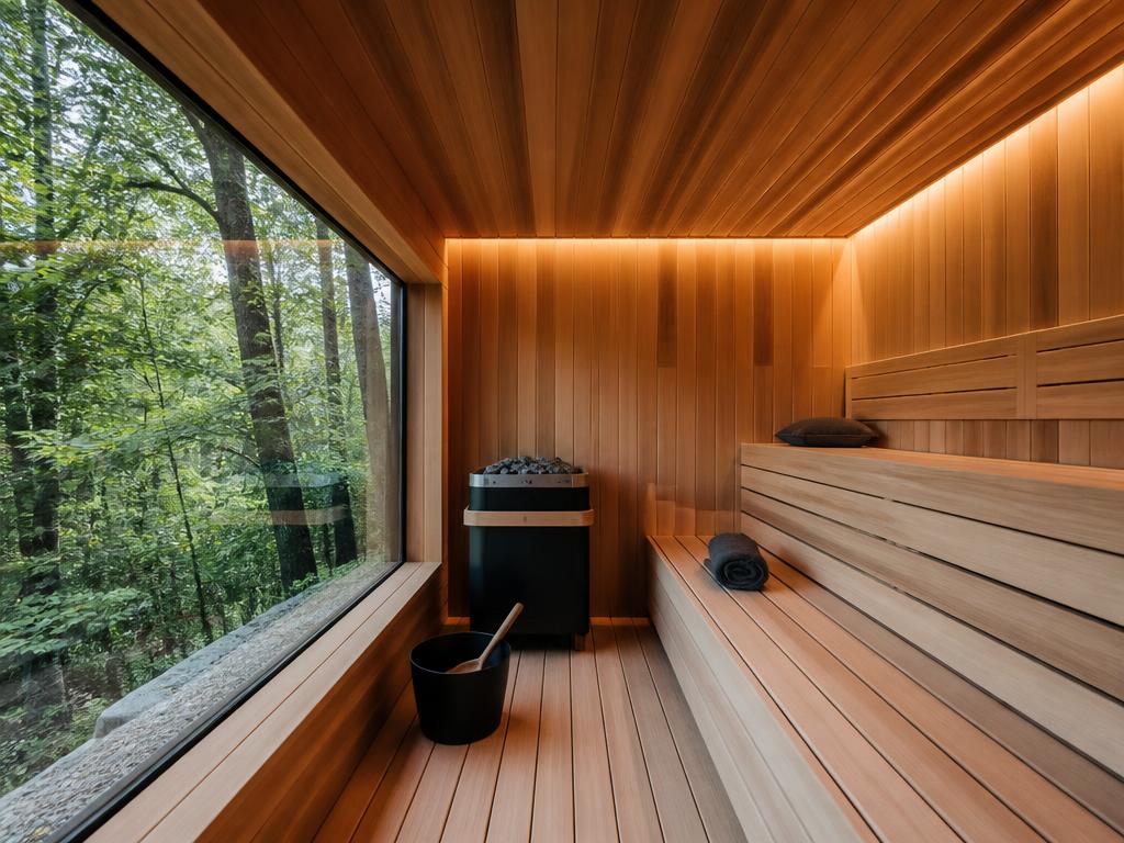 Warmly lit minimal wooden sauna interior
