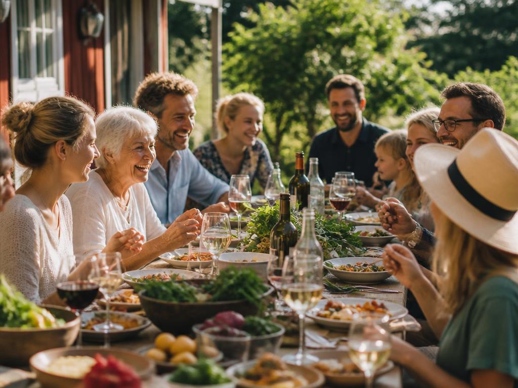 Friends of different ages sharing a meal at an outdoor table