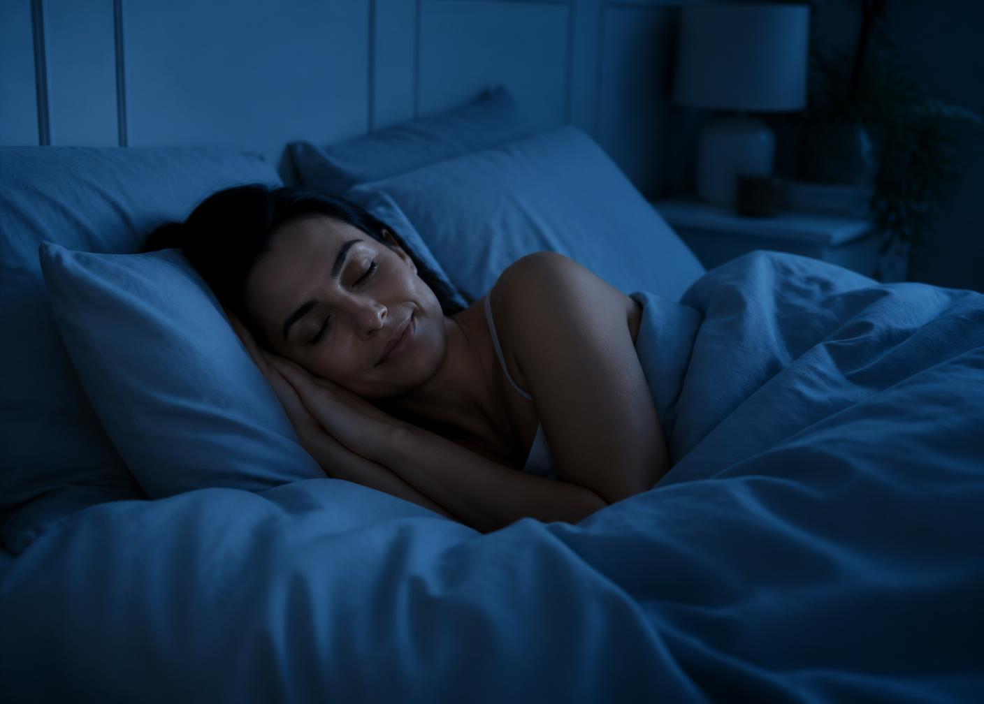 Adult sleeping peacefully in a calm, dark bedroom