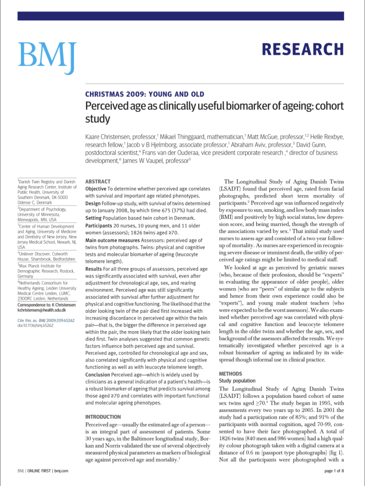 BMJ research paper on perceived age as a biomarker of aging