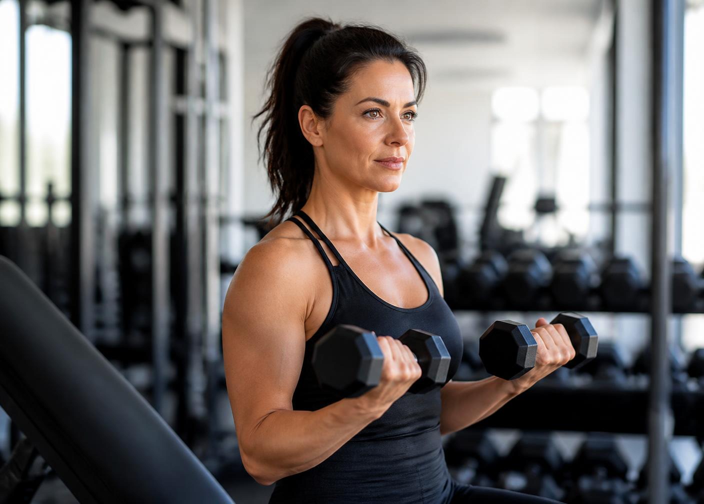Athletic woman in her forties strength training with dumbbells